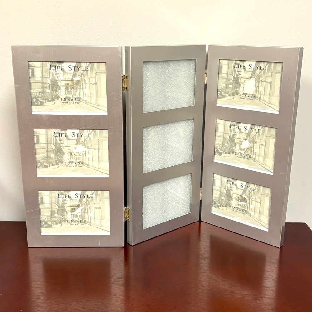 Silver Tone Tri-Fold Picture Frame - 3.5x5” Photo Frame Holds 9 Photos